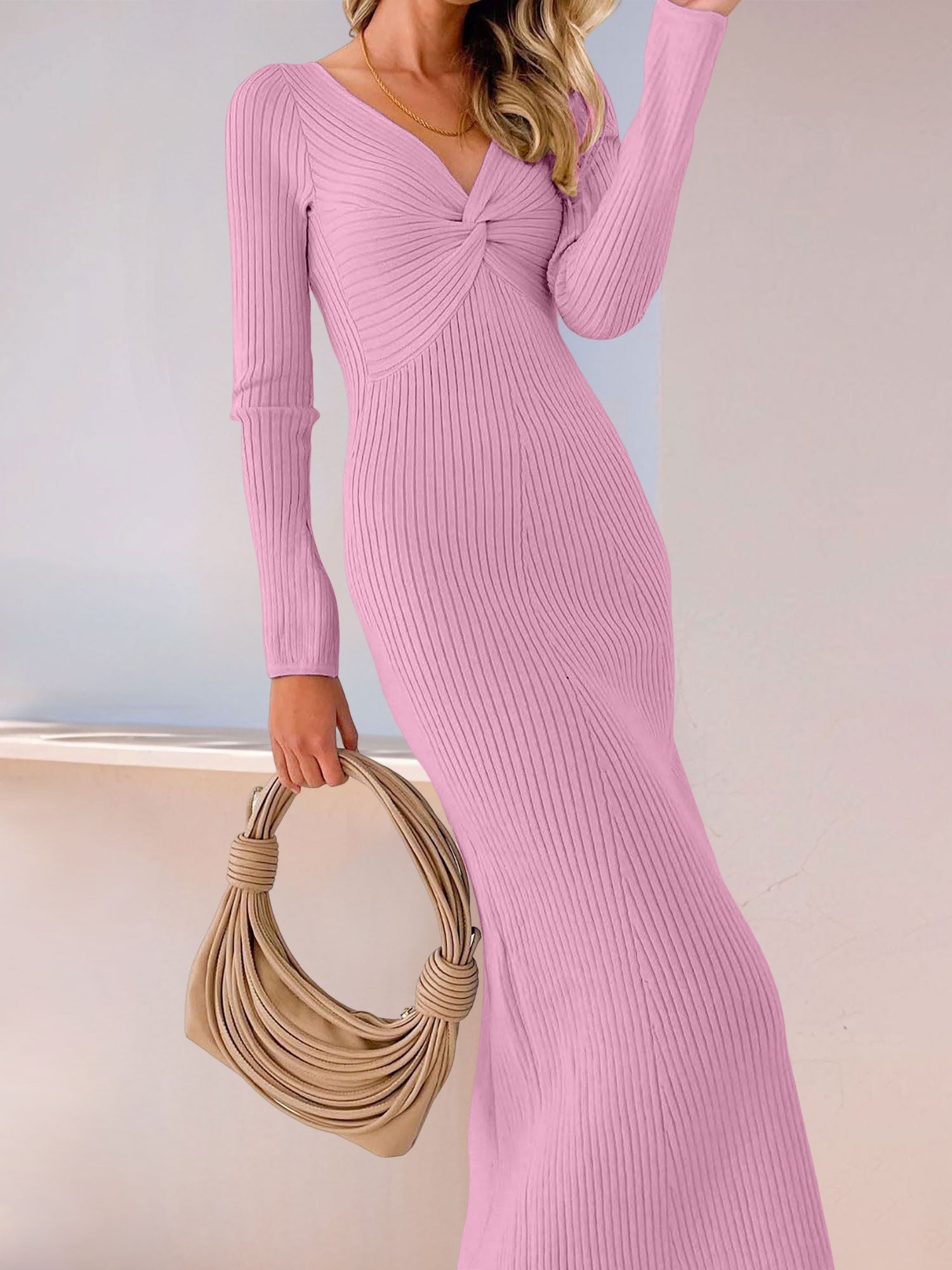 Ruched V Neck Long Sleeve Bodycon Sweater Dress