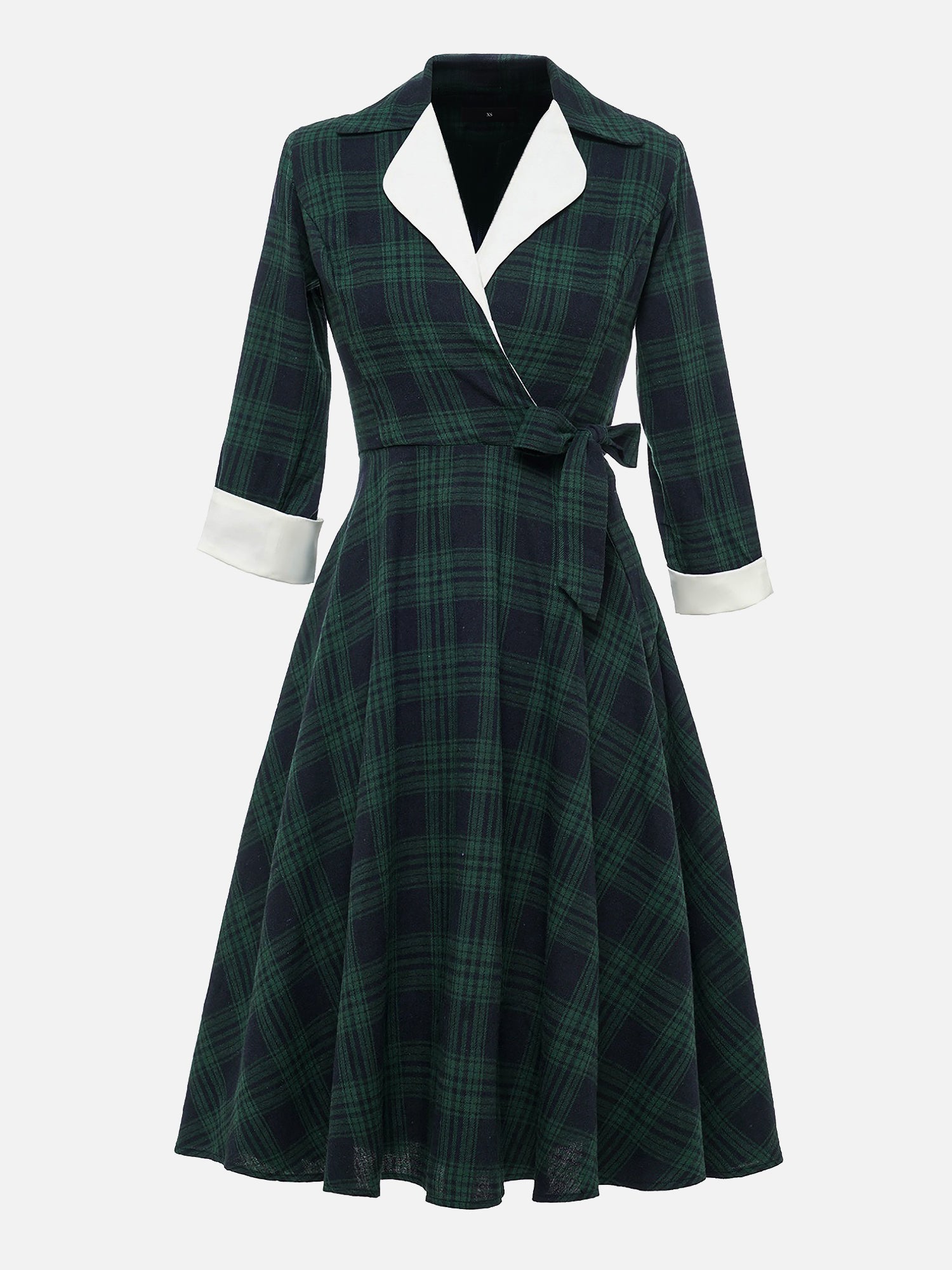 Plaid 3/4 Sleeves Lace-Up Midi A-Line Dress