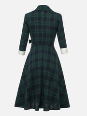 Plaid 3/4 Sleeves Lace-Up Midi A-Line Dress