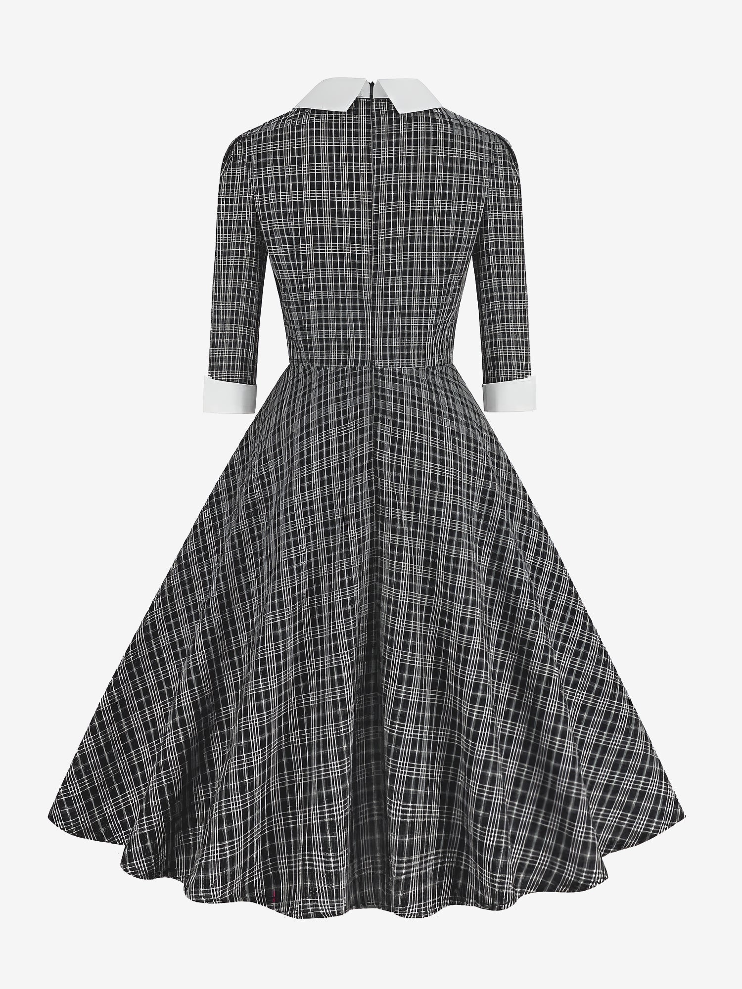 Plaid Collar Bow Tie 3/4 Sleeve Midi A-Line Dress