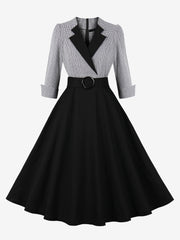 Vintage 3/4 Puff Sleeves Collared Gingham Patchwork Belted A-Line Midi Dress