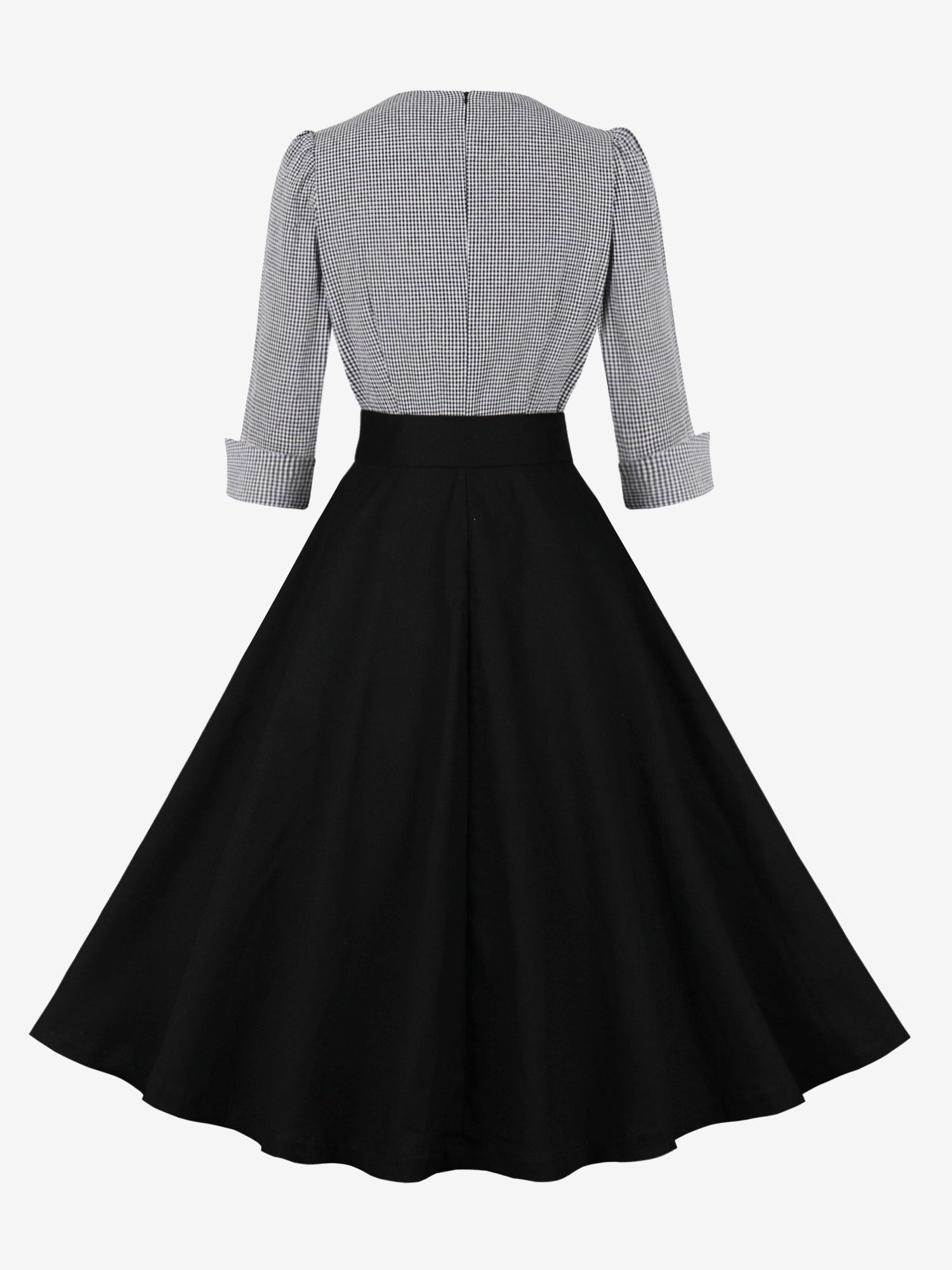 Vintage 3/4 Puff Sleeves Collared Gingham Patchwork Belted A-Line Midi Dress