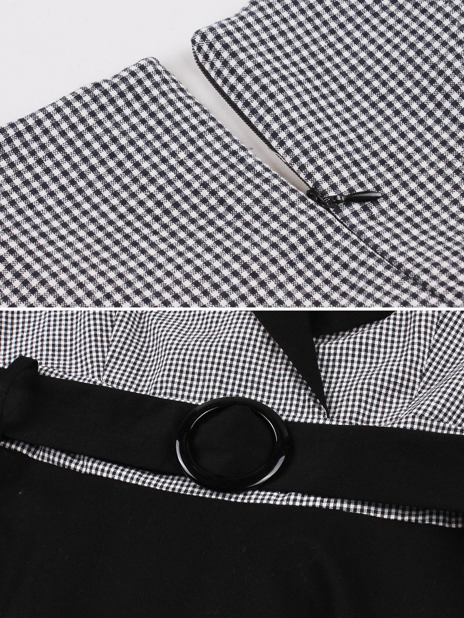 Vintage 3/4 Puff Sleeves Collared Gingham Patchwork Belted A-Line Midi Dress
