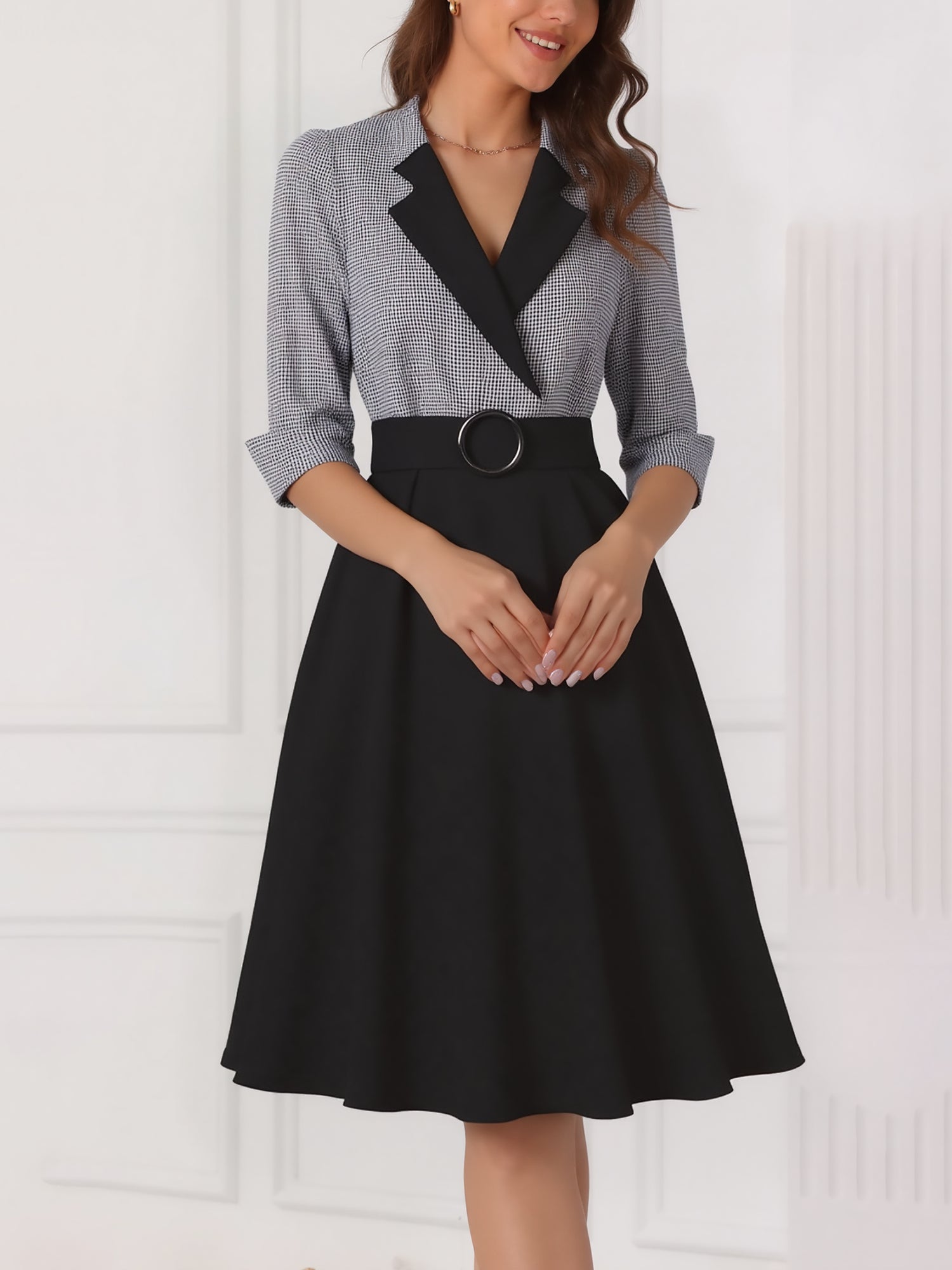 Vintage 3/4 Puff Sleeves Collared Gingham Patchwork Belted A-Line Midi Dress
