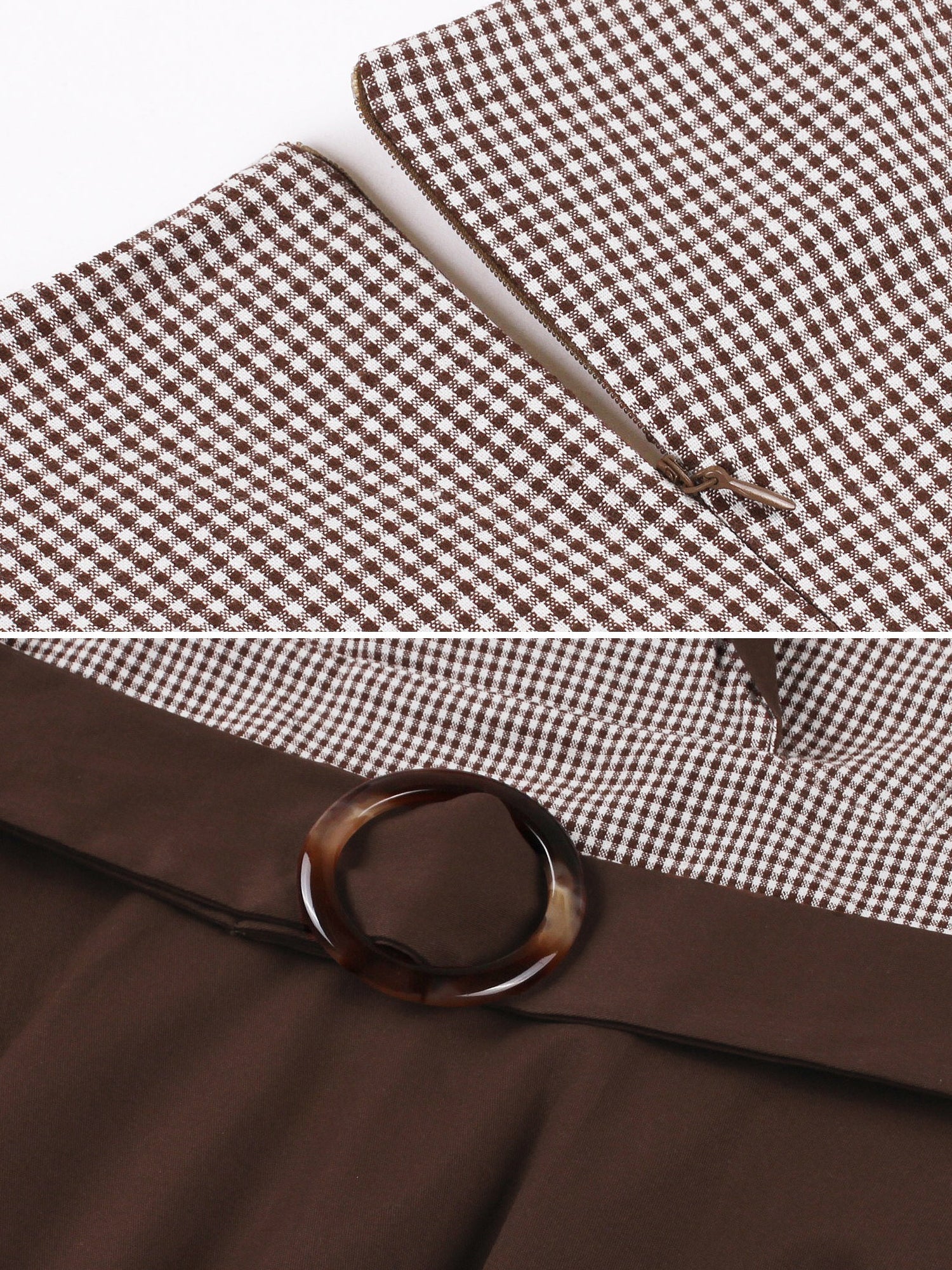 Vintage 3/4 Puff Sleeves Collared Gingham Patchwork Belted A-Line Midi Dress