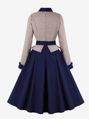 Contrast Color Keyhole Houndstooth Long Sleeve Retro Swing Dress