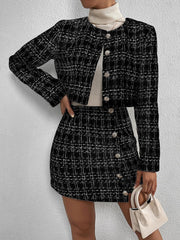 2 Pieces Plaid Tweeed Cropped Jacket & Mini Button Decor Skirt Set