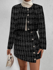 2 Pieces Plaid Tweeed Cropped Jacket & Mini Button Decor Skirt Set