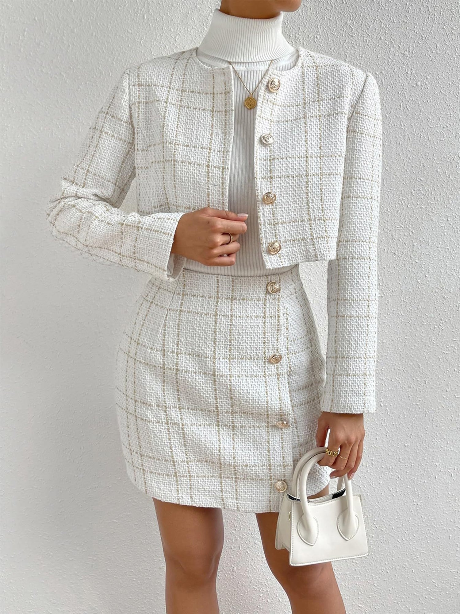 2 Pieces Plaid Tweeed Cropped Jacket & Mini Button Decor Skirt Set