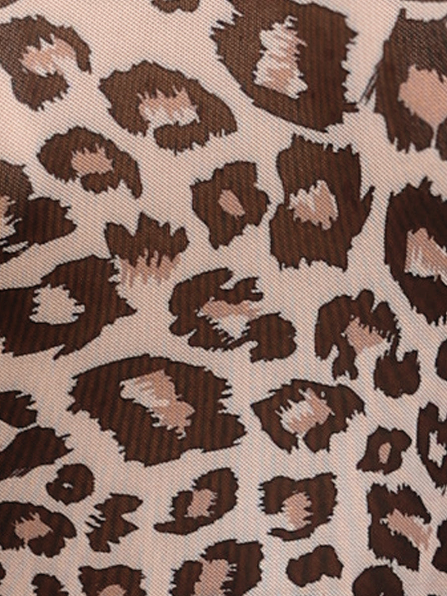 Mesh Leopard Print Mock Neck Sheer Blouse
