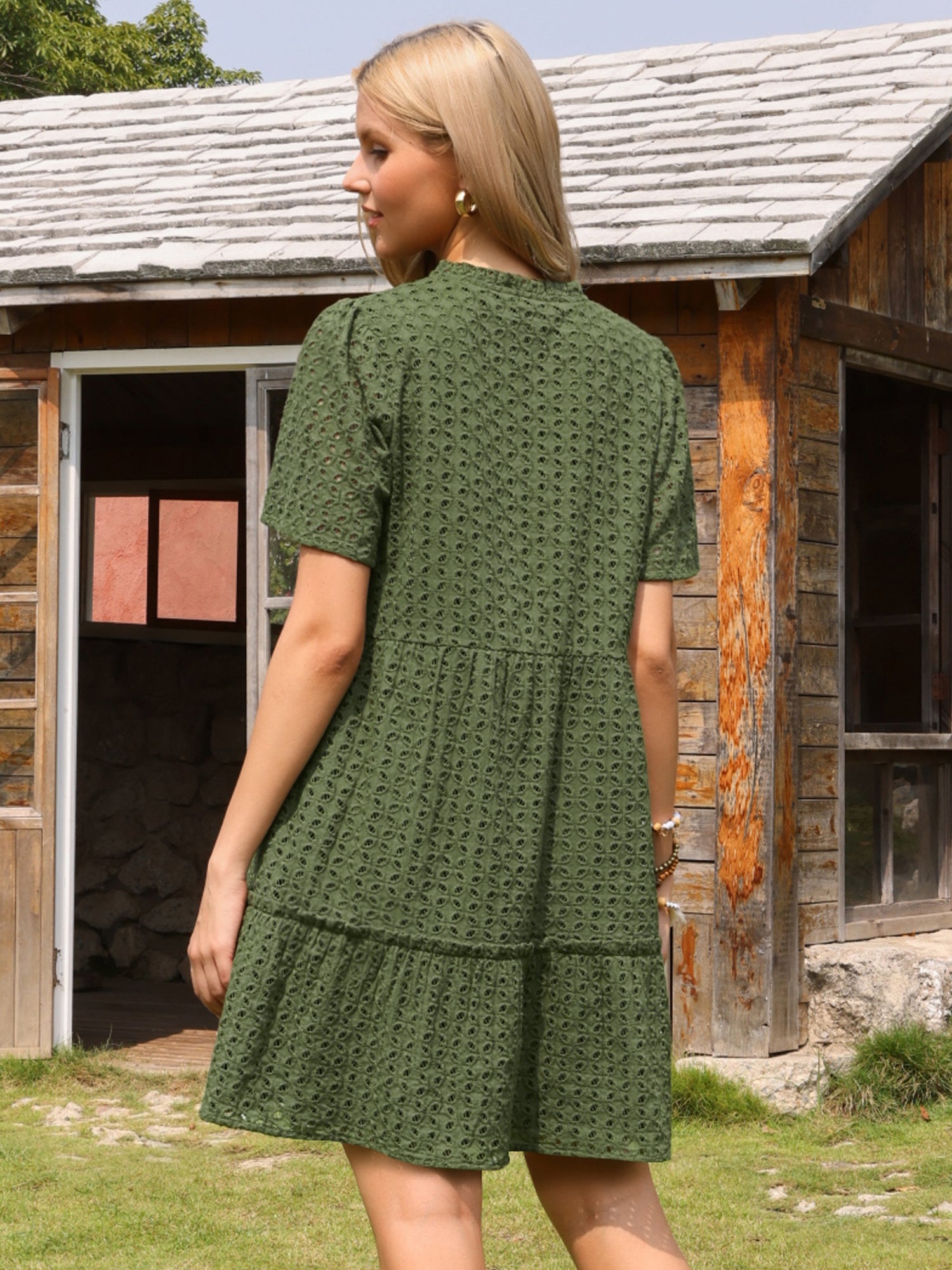 Eyelet Short Sleeve Notch Neck Tiered Vacation Mini Dress