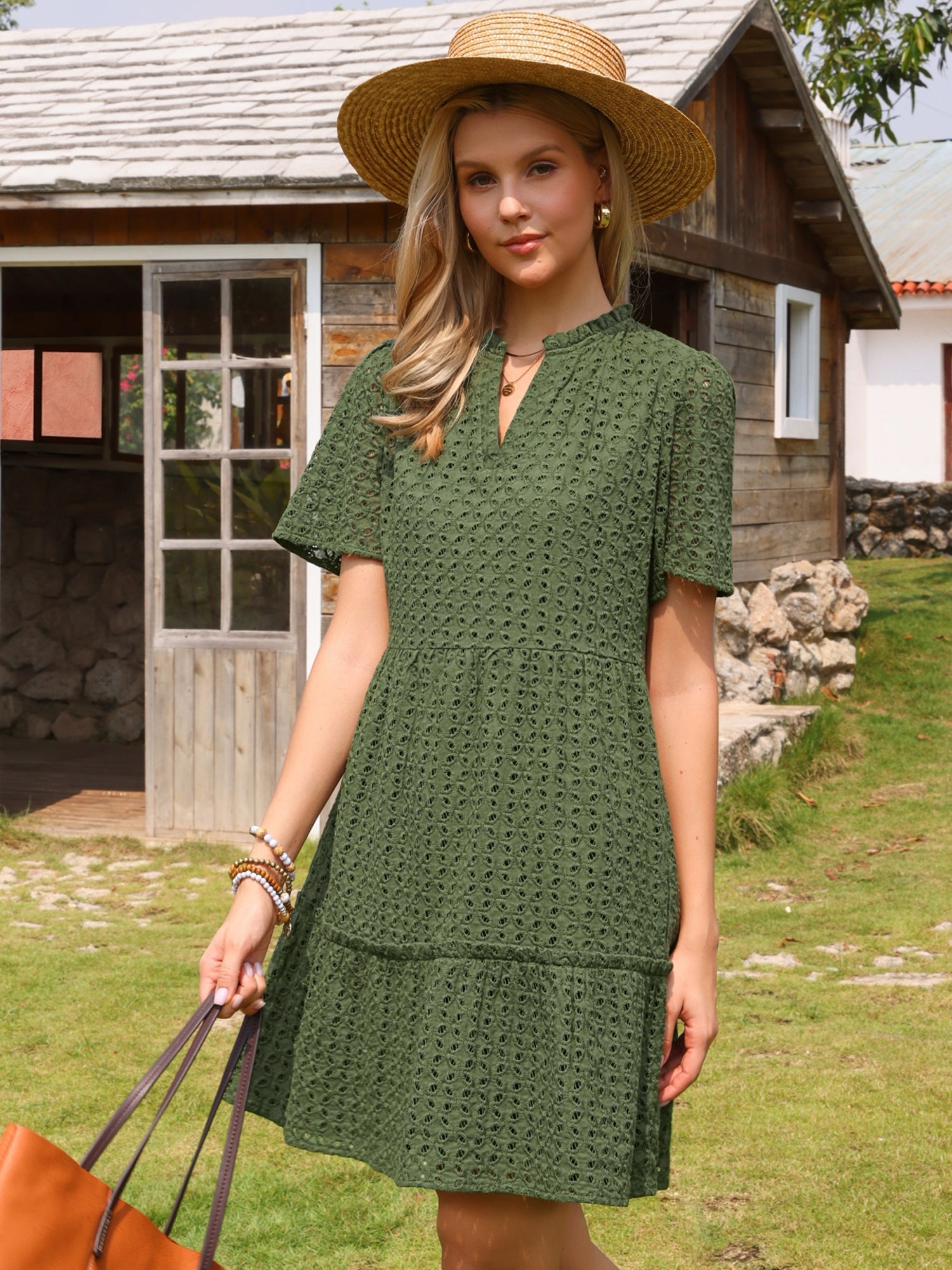 Eyelet Short Sleeve Notch Neck Tiered Vacation Mini Dress