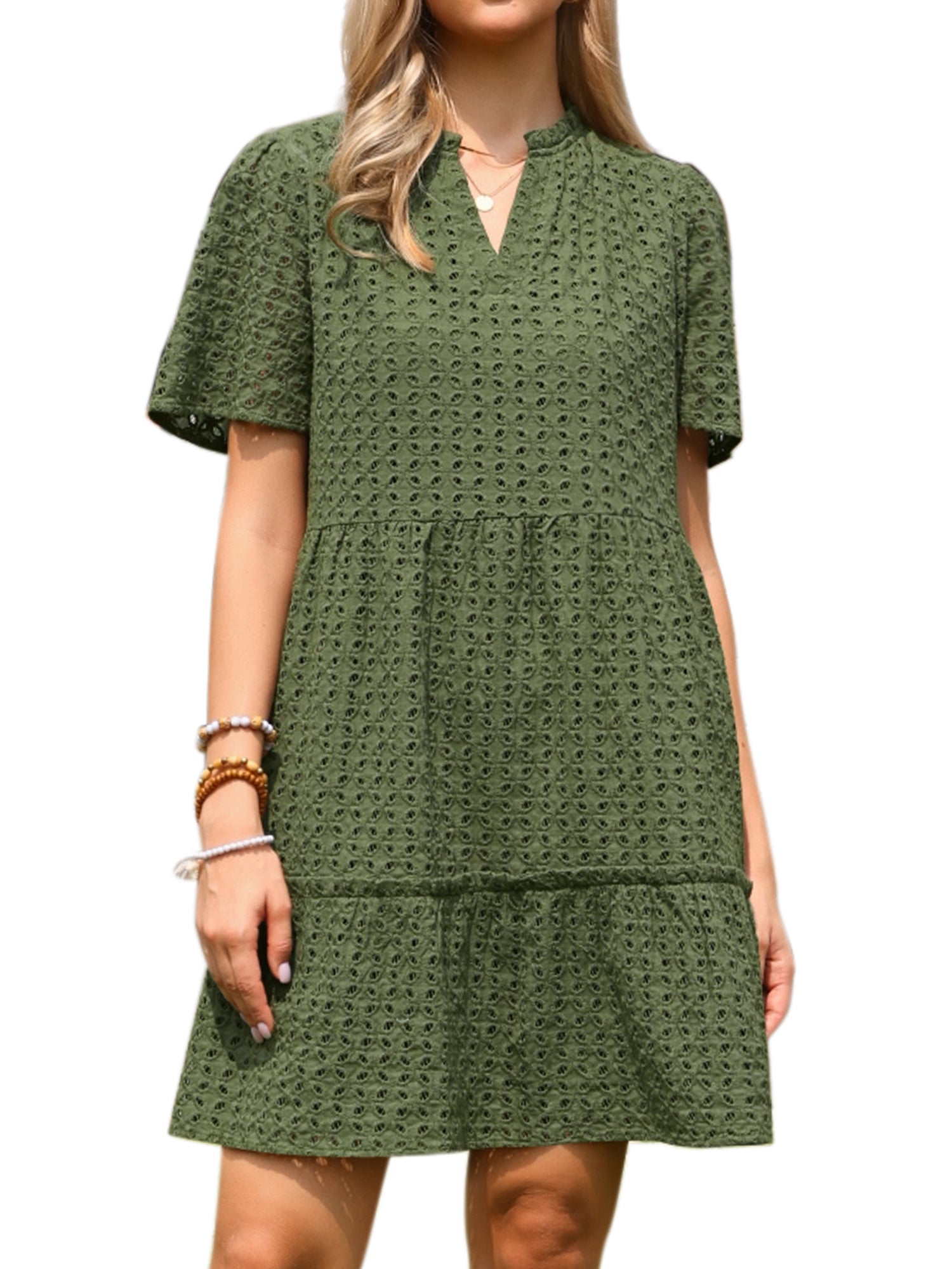 Eyelet Short Sleeve Notch Neck Tiered Vacation Mini Dress
