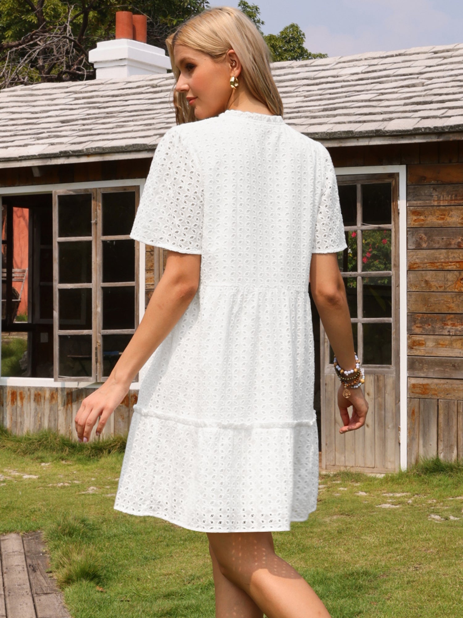 Eyelet Short Sleeve Notch Neck Tiered Vacation Mini Dress