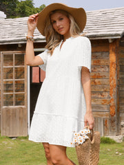 Eyelet Short Sleeve Notch Neck Tiered Vacation Mini Dress