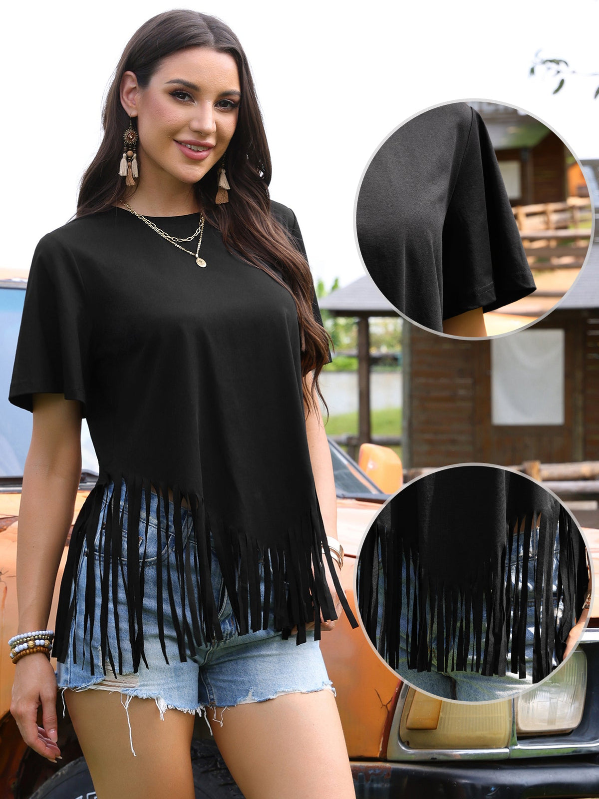 Fringe Short Sleeve Crew Neck Solid Casual Tassel T-Shirts