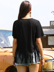 Fringe Short Sleeve Crew Neck Solid Casual Tassel T-Shirts