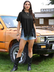 Fringe Short Sleeve Crew Neck Solid Casual Tassel T-Shirts
