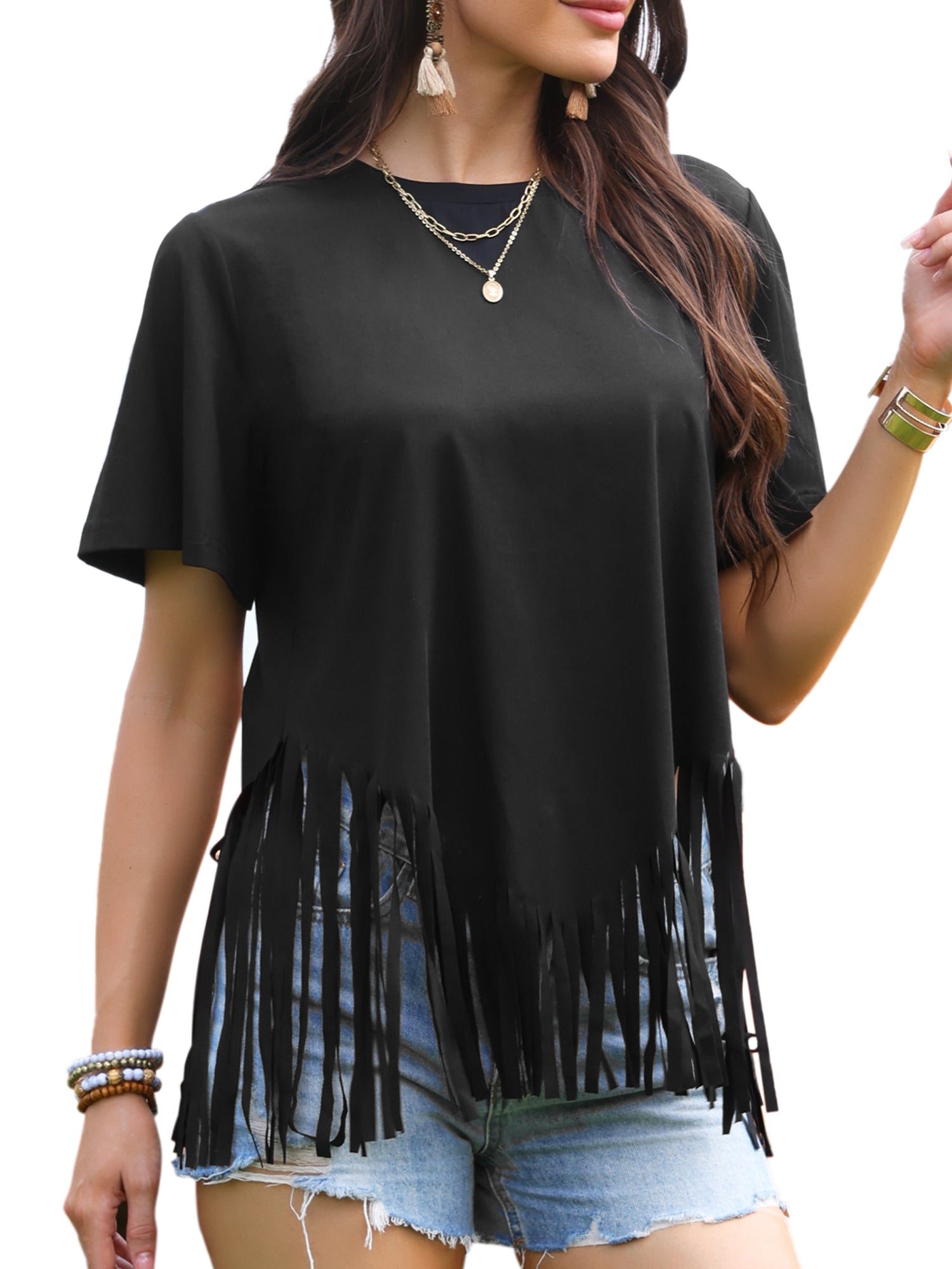 Fringe Short Sleeve Crew Neck Solid Casual Tassel T-Shirts