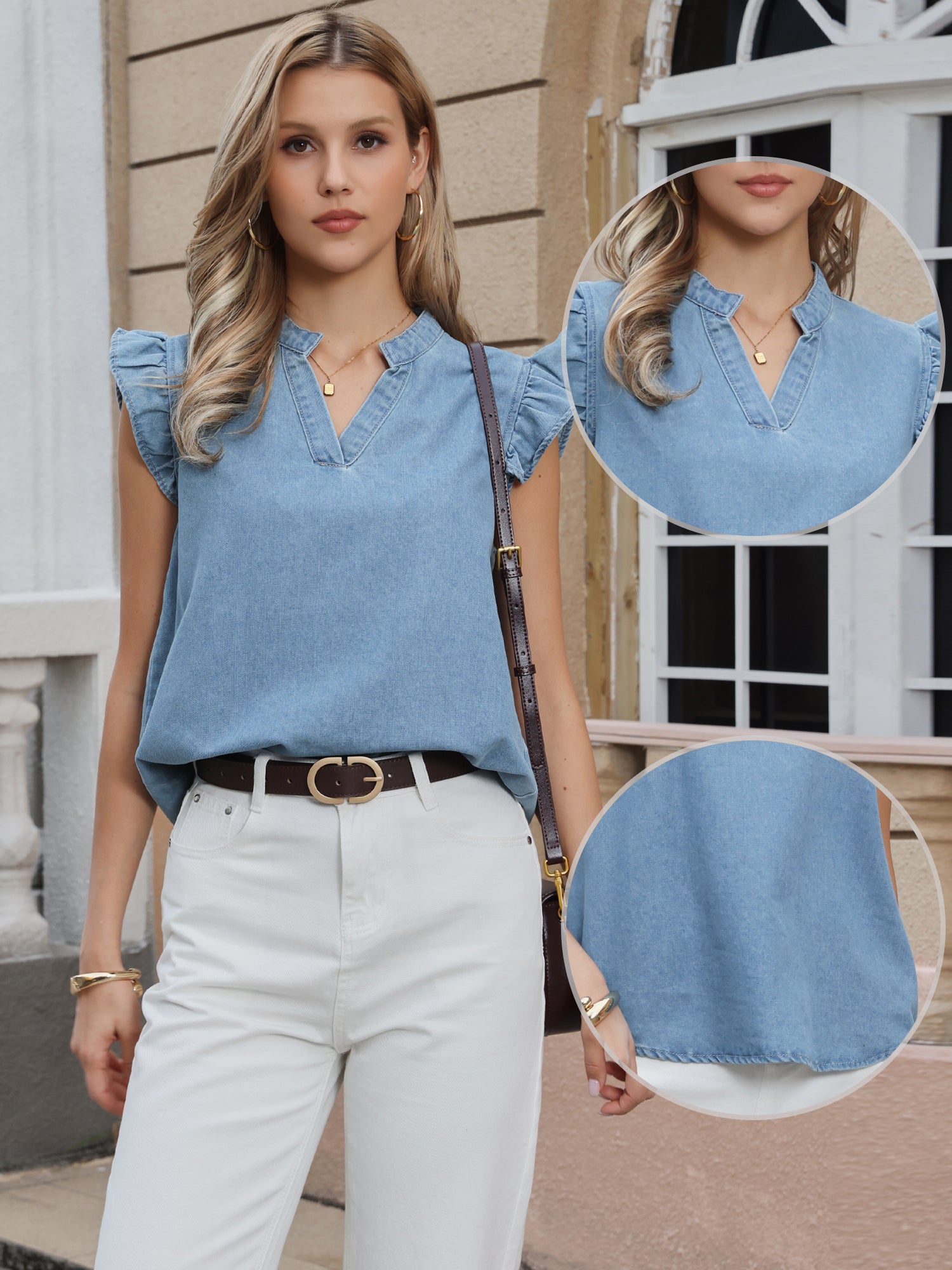 Denim Ruffled Sleeve Notch Neck Casual Jean Blouse