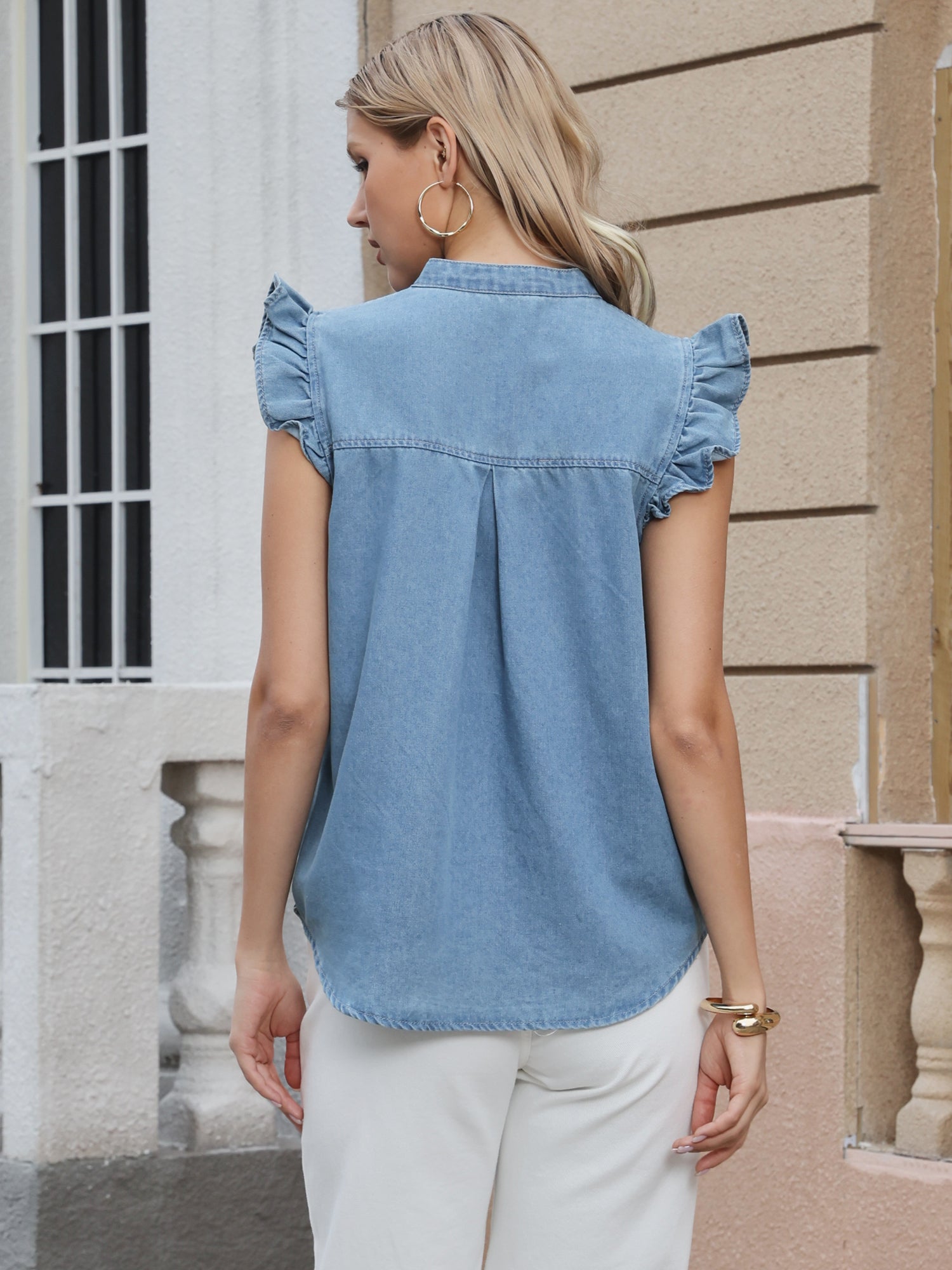 Denim Ruffled Sleeve Notch Neck Casual Jean Blouse