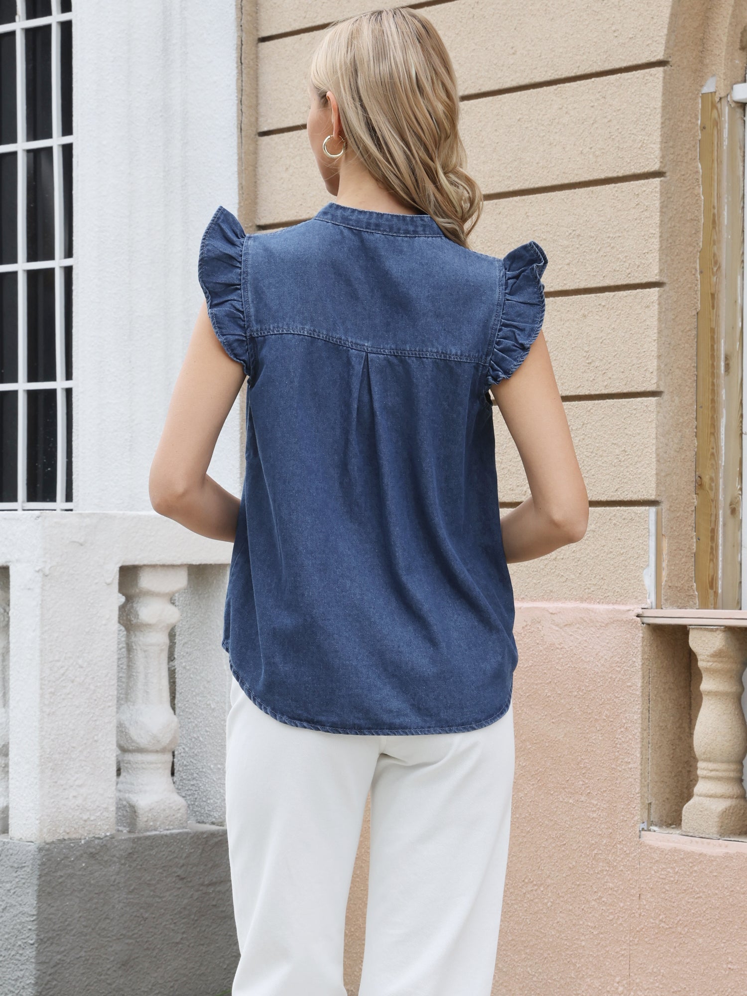 Denim Ruffled Sleeve Notch Neck Casual Jean Blouse