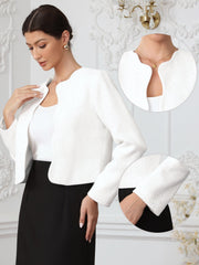 Tweed Collarless Open Front Work Business Cropped Jackets