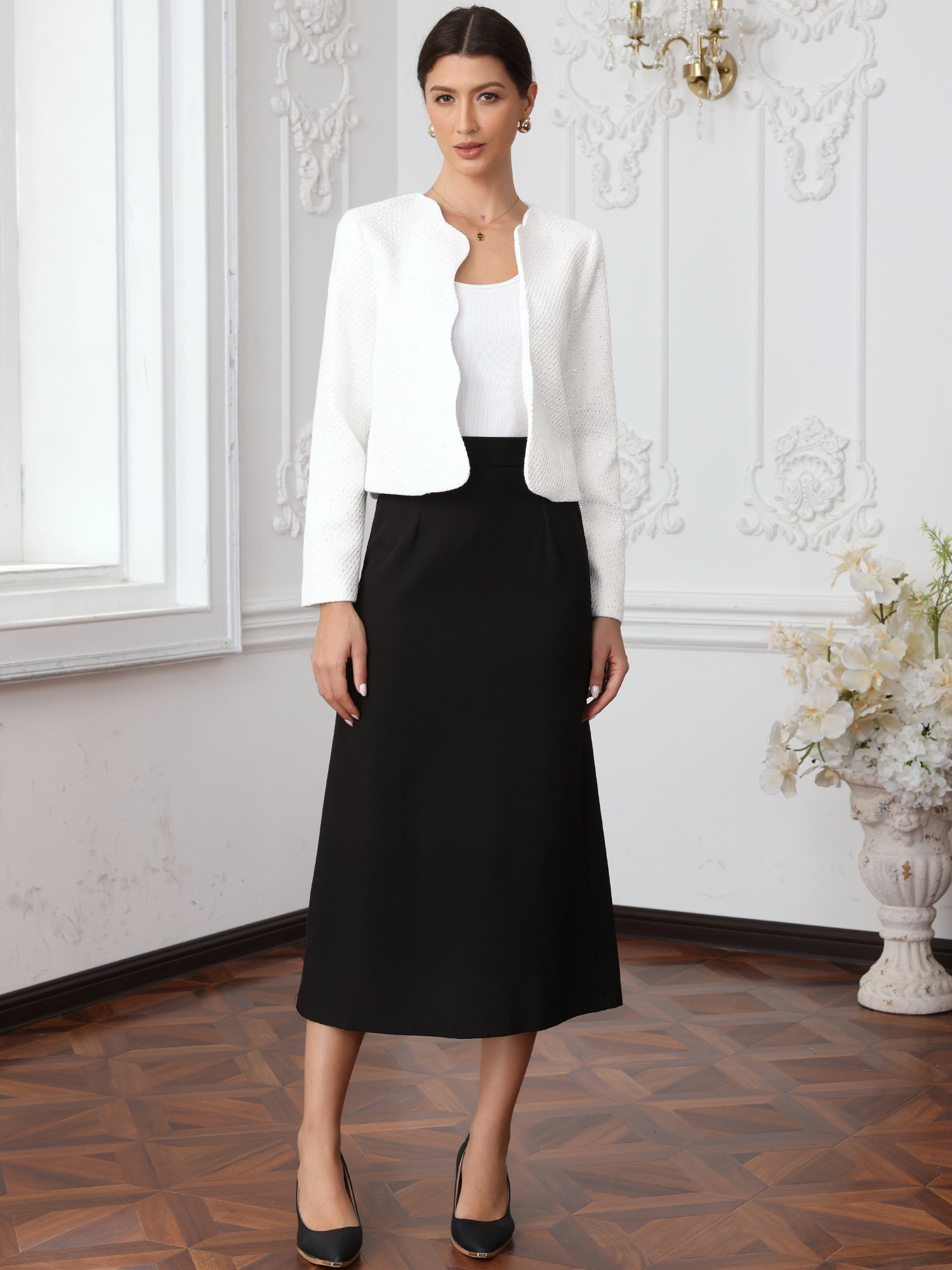 Tweed Collarless Open Front Work Business Cropped Jackets