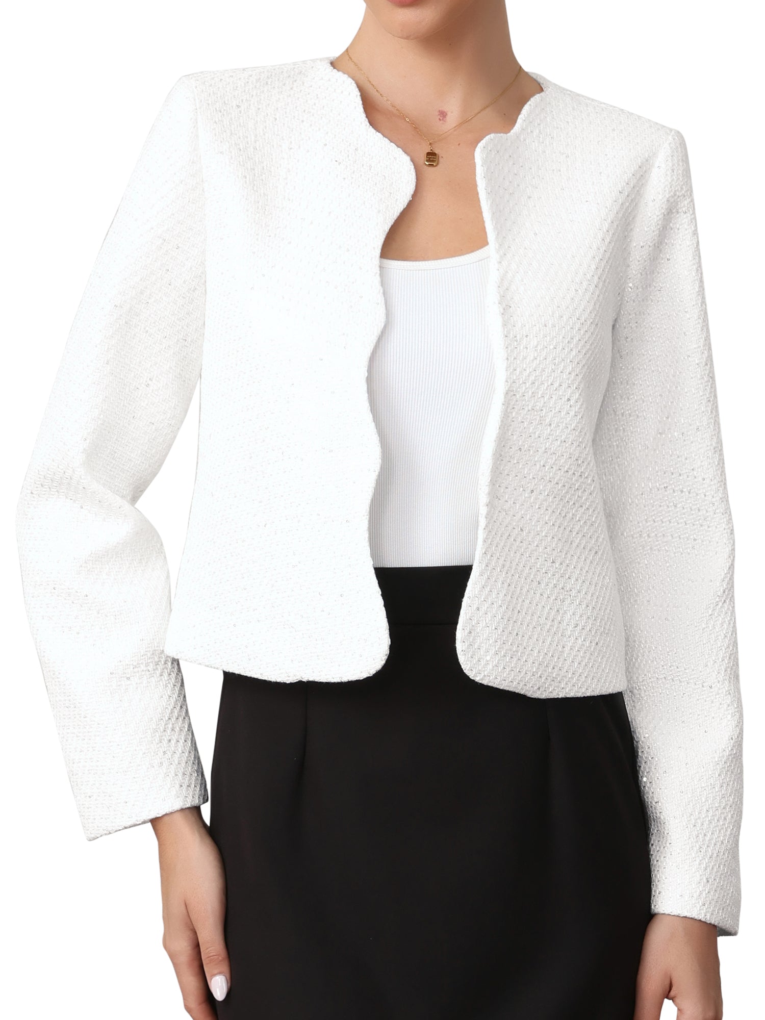 Tweed Collarless Open Front Work Business Cropped Jackets