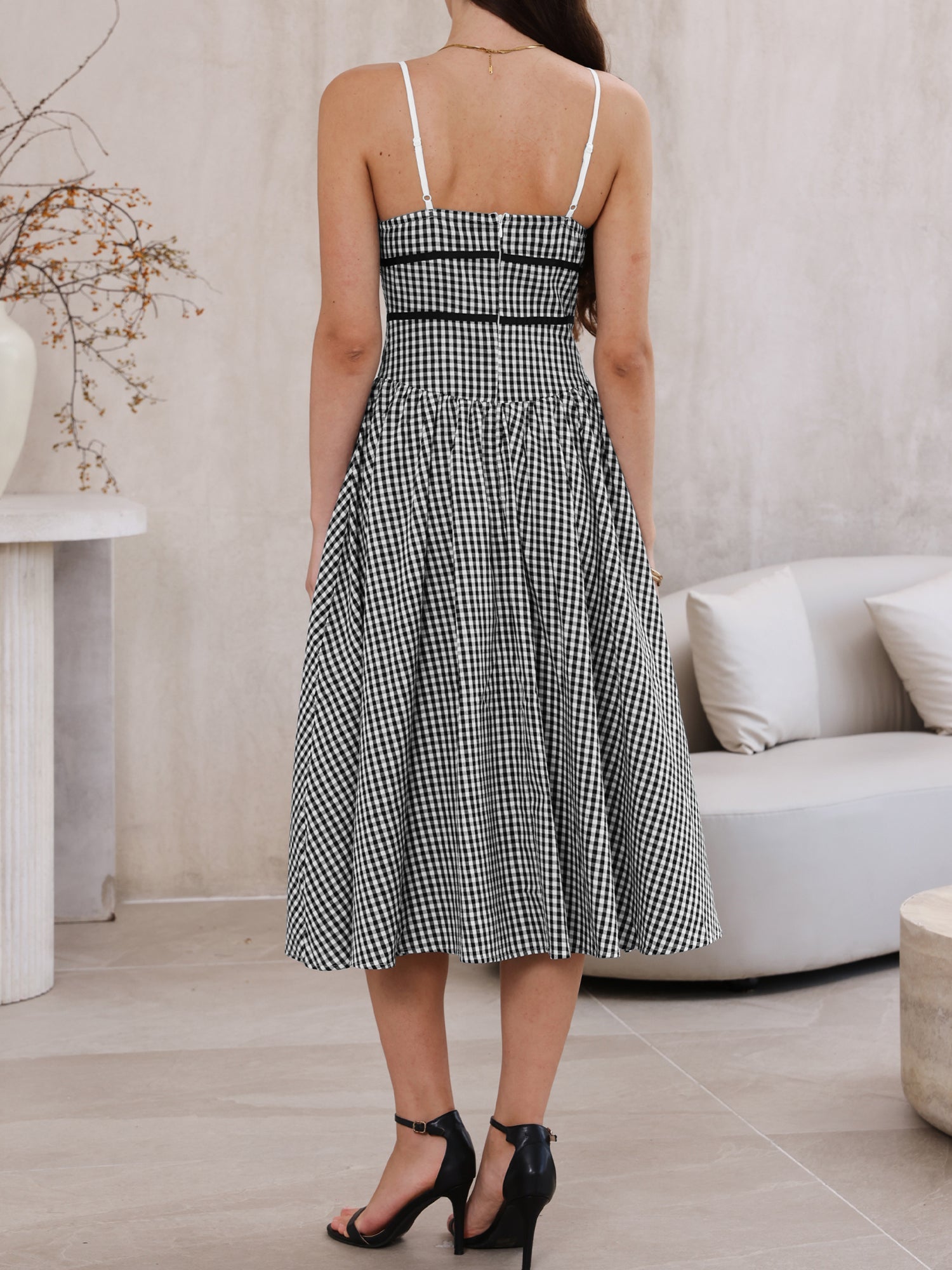 Vintage Gingham Spaghetti Strap 1950s A-Line Flowy Midi Dress