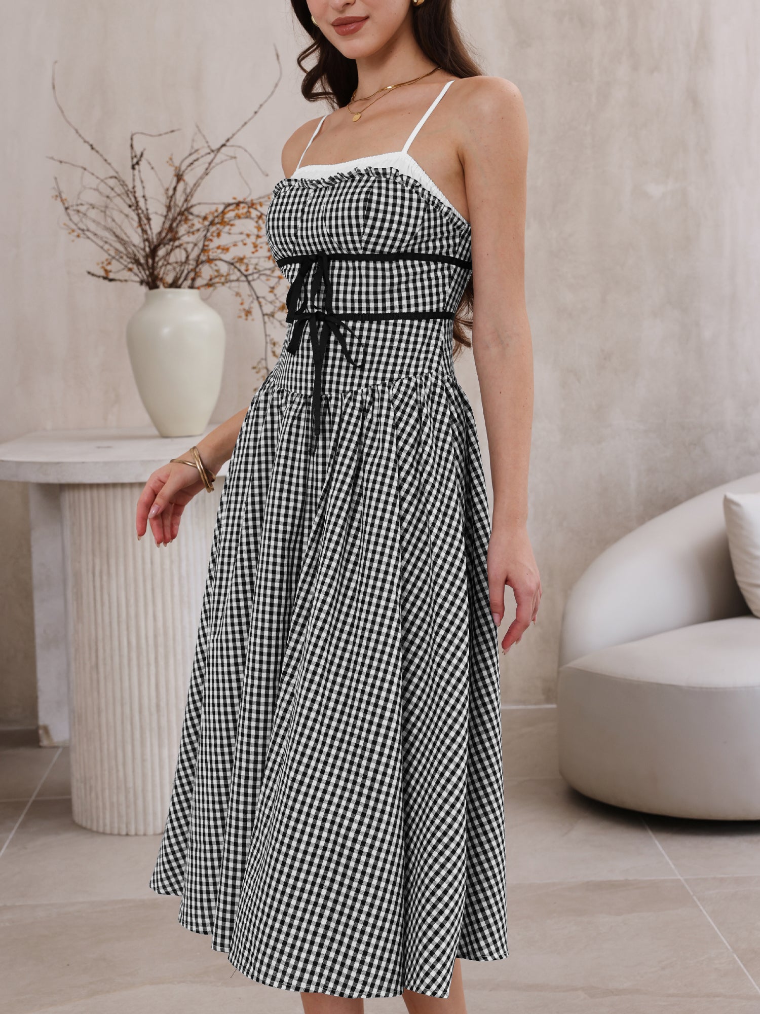 Vintage Gingham Spaghetti Strap 1950s A-Line Flowy Midi Dress