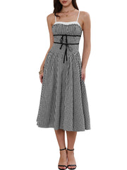 Vintage Gingham Spaghetti Strap 1950s A-Line Flowy Midi Dress