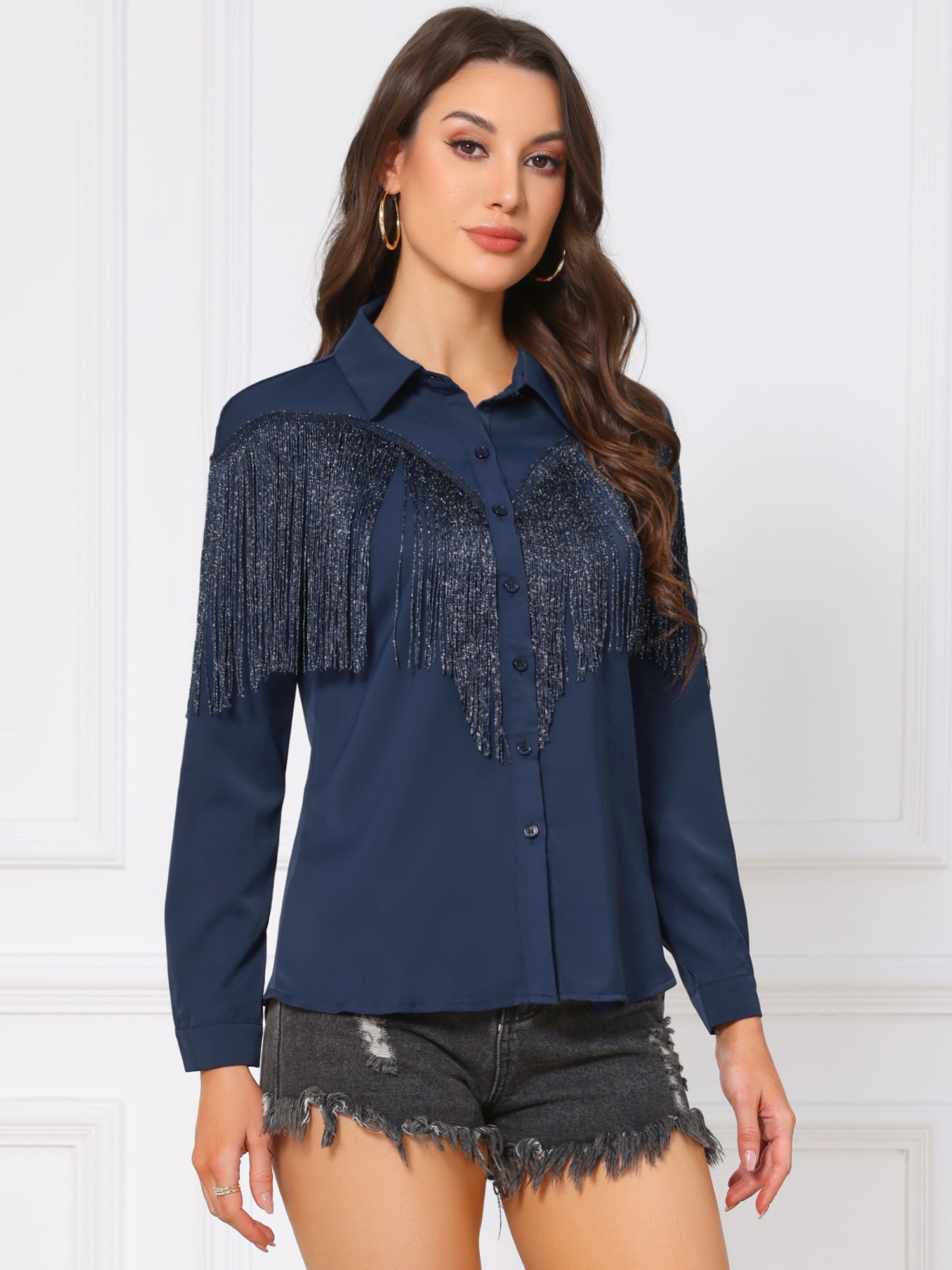 Glitter Fringe Long Sleeve Button Down Disco Party Cowgirl Blouse