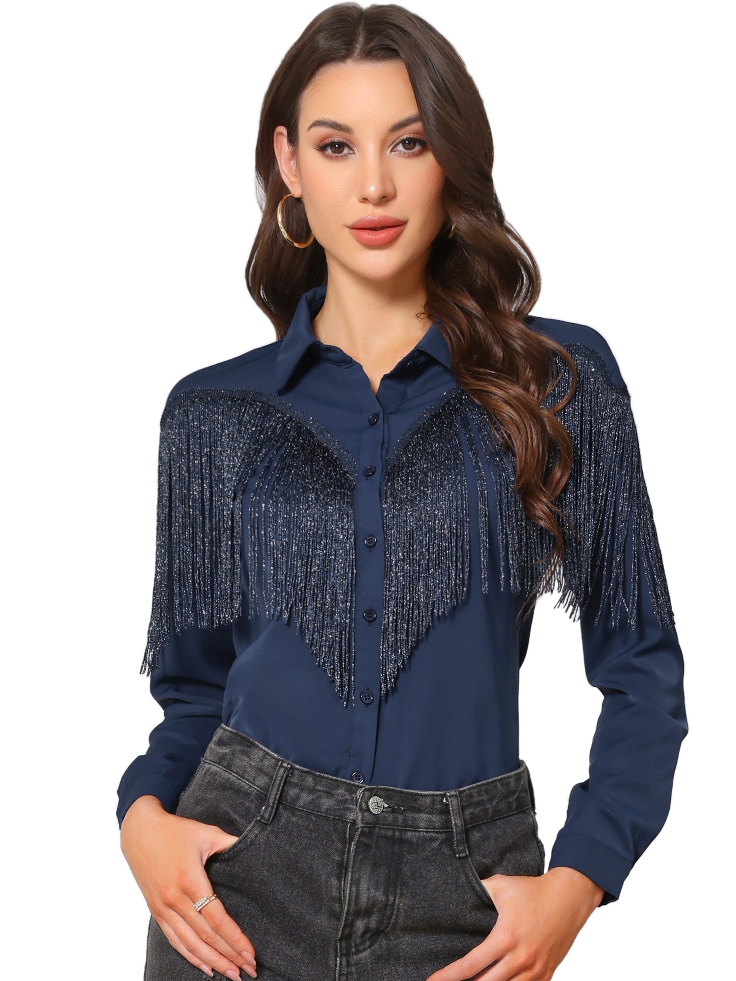 Glitter Fringe Long Sleeve Button Down Disco Party Cowgirl Blouse