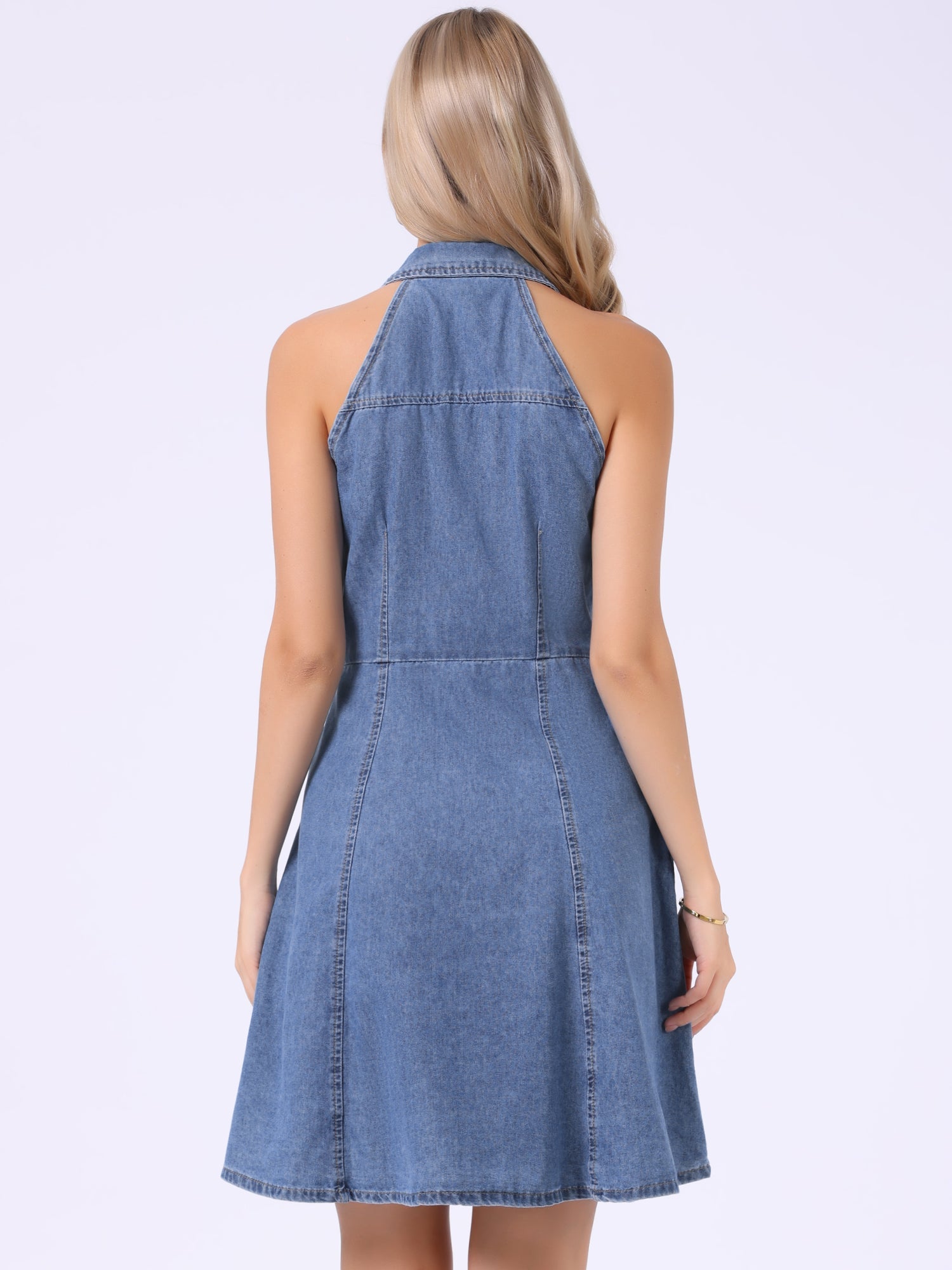 Denim Casual Halter Neck Midi Jean Dress