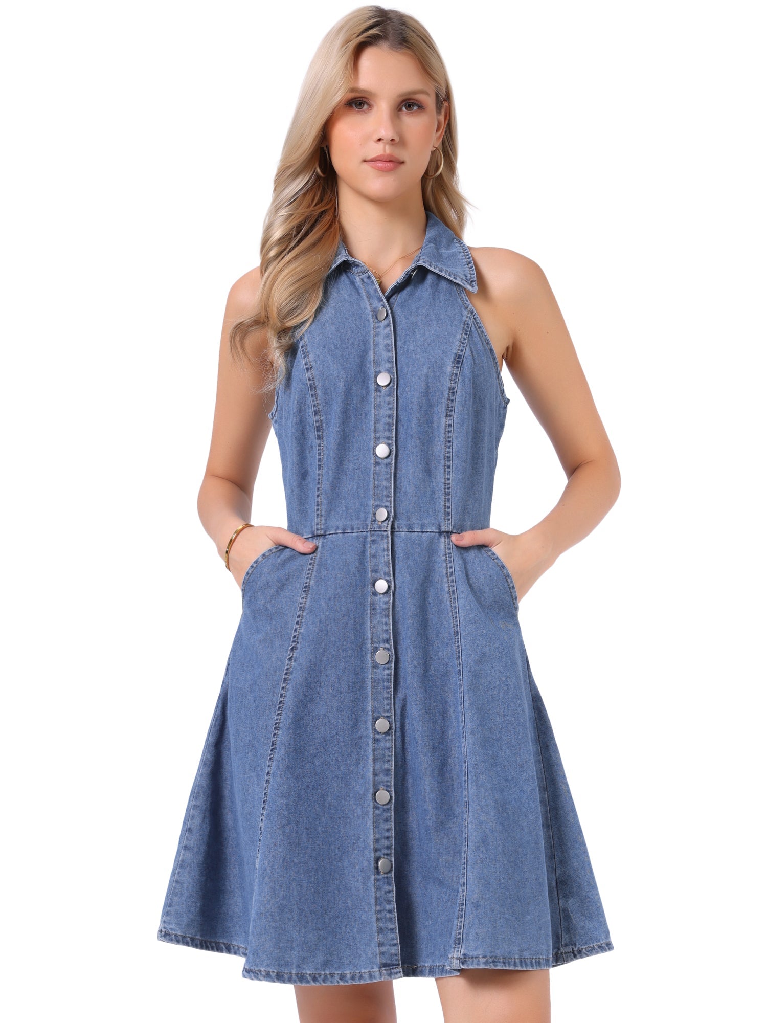 Denim Casual Halter Neck Midi Jean Dress