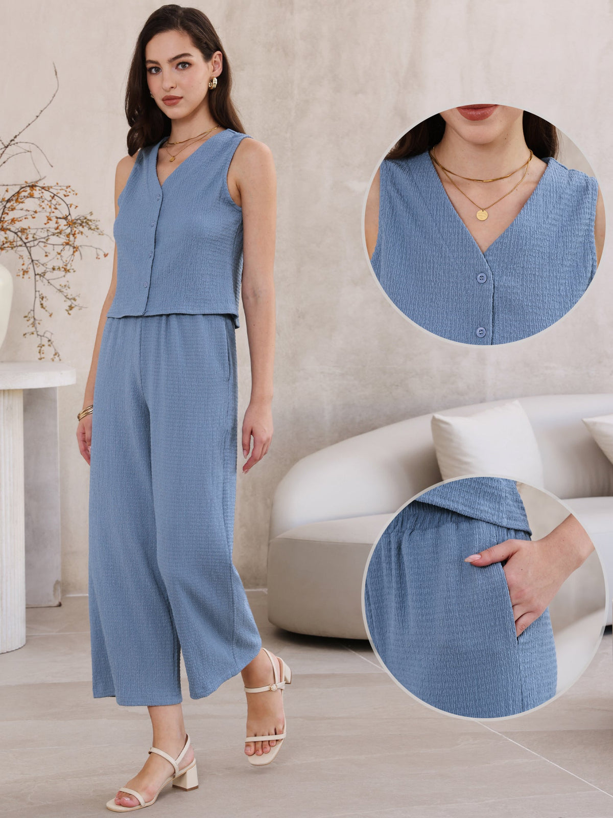2 Pieces Textured Sleeveless Top & High Waist Pockets Dressy Casual Lounge Pants Suit Set