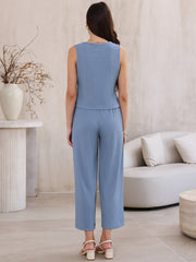 2 Pieces Textured Sleeveless Top & High Waist Pockets Dressy Casual Lounge Pants Suit Set