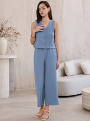 2 Pieces Textured Sleeveless Top & High Waist Pockets Dressy Casual Lounge Pants Suit Set