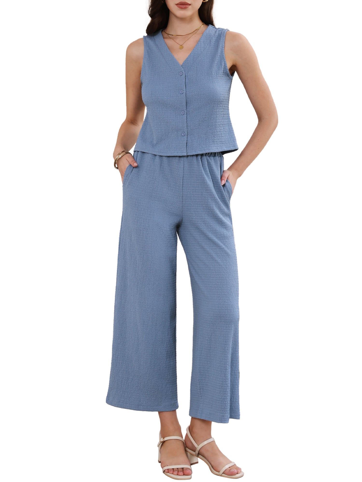 2 Pieces Textured Sleeveless Top & High Waist Pockets Dressy Casual Lounge Pants Suit Set