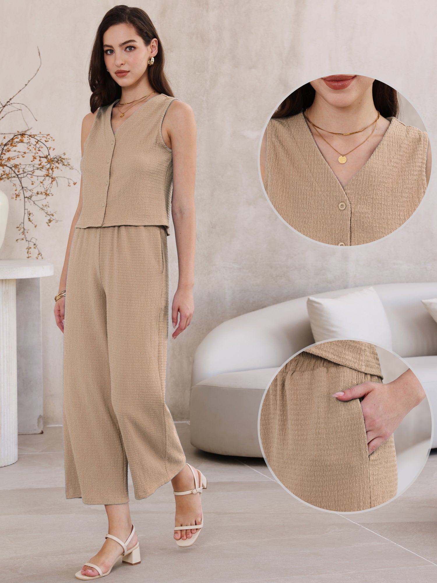 2 Pieces Textured Sleeveless Top & High Waist Pockets Dressy Casual Lounge Pants Suit Set
