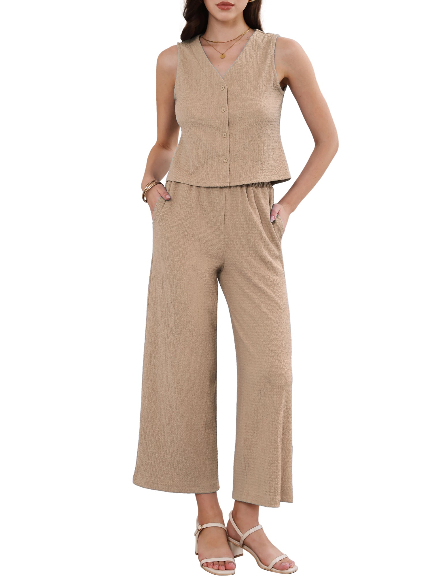 2 Pieces Textured Sleeveless Top & High Waist Pockets Dressy Casual Lounge Pants Suit Set