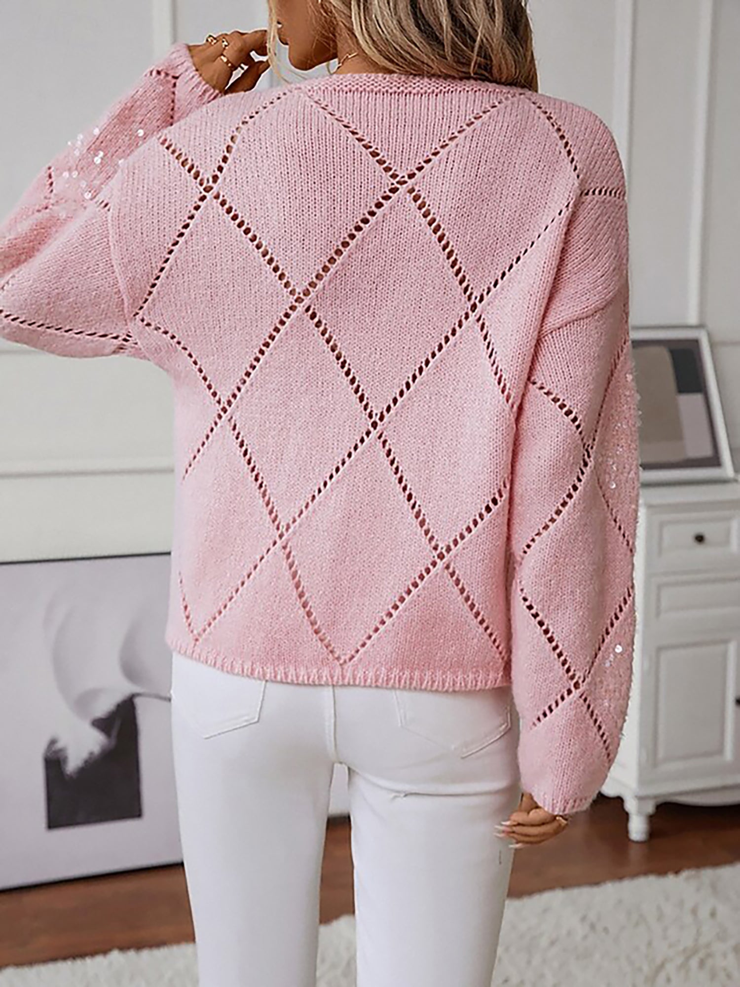 Hollow Sequin Long Sleeves Knitted Pullover Sweater
