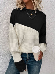 Crew Neck Colorblock Drop Shoulder Long Sleeves Sweater