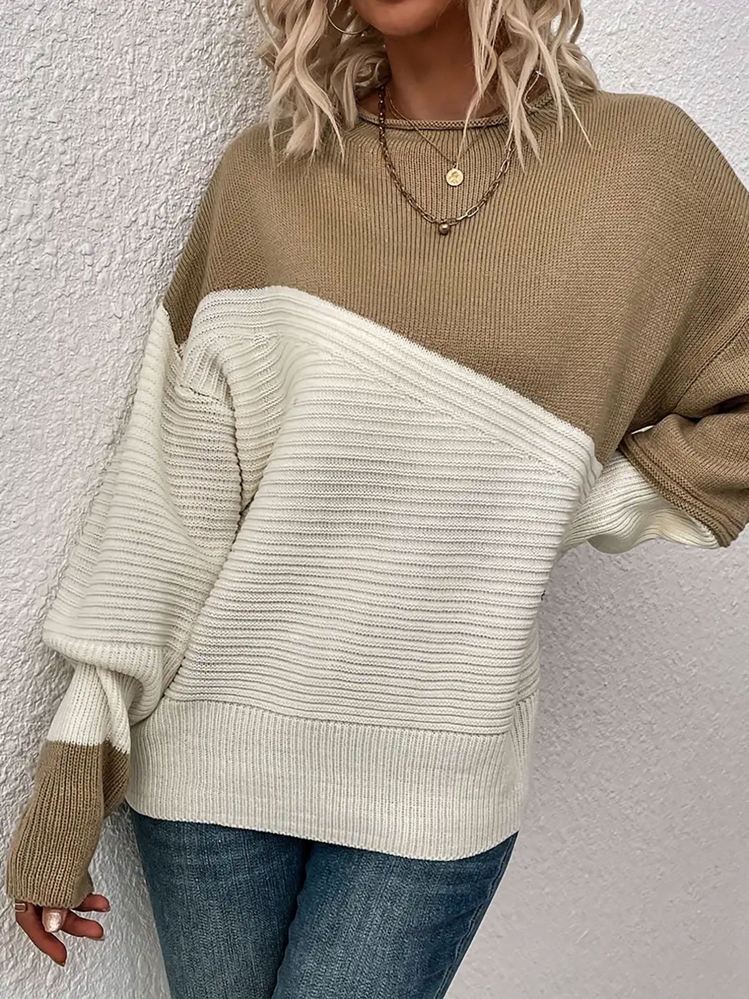 Crew Neck Colorblock Drop Shoulder Long Sleeves Sweater