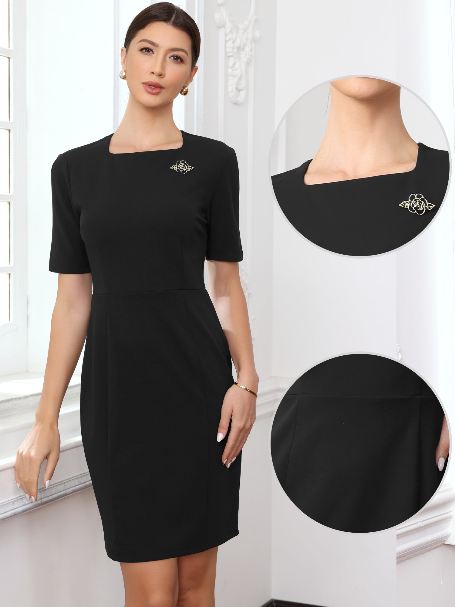Square Neck Short Sleeve Work Business Sheath Dress