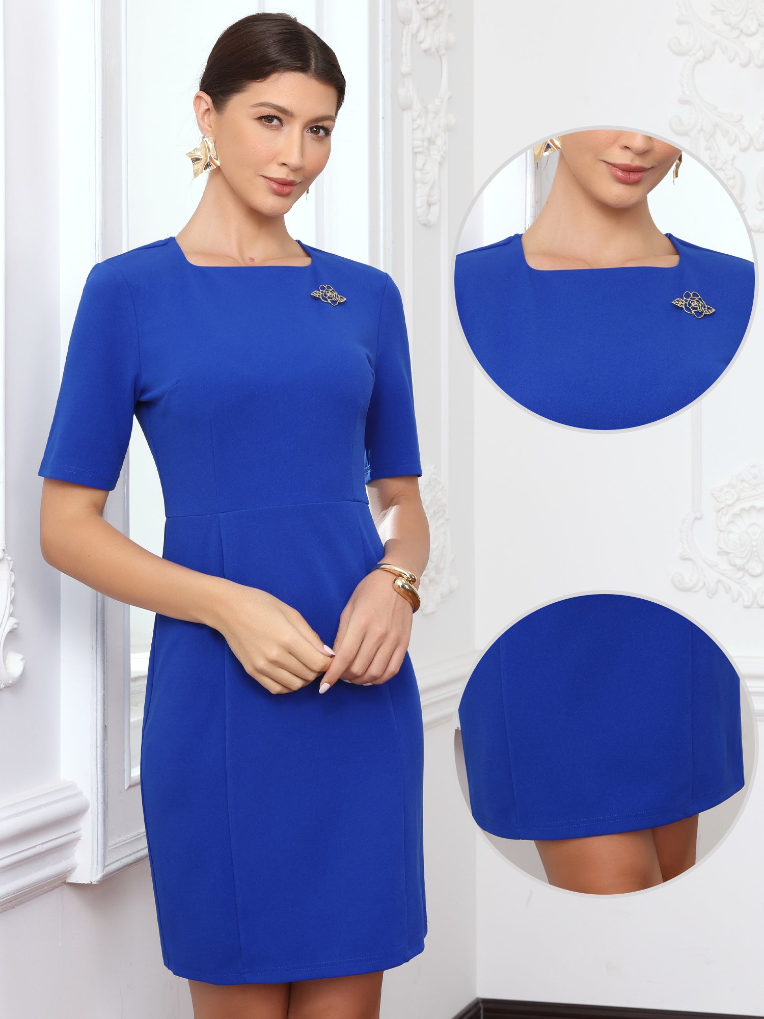 Square Neck Short Sleeve Work Business Sheath Dress