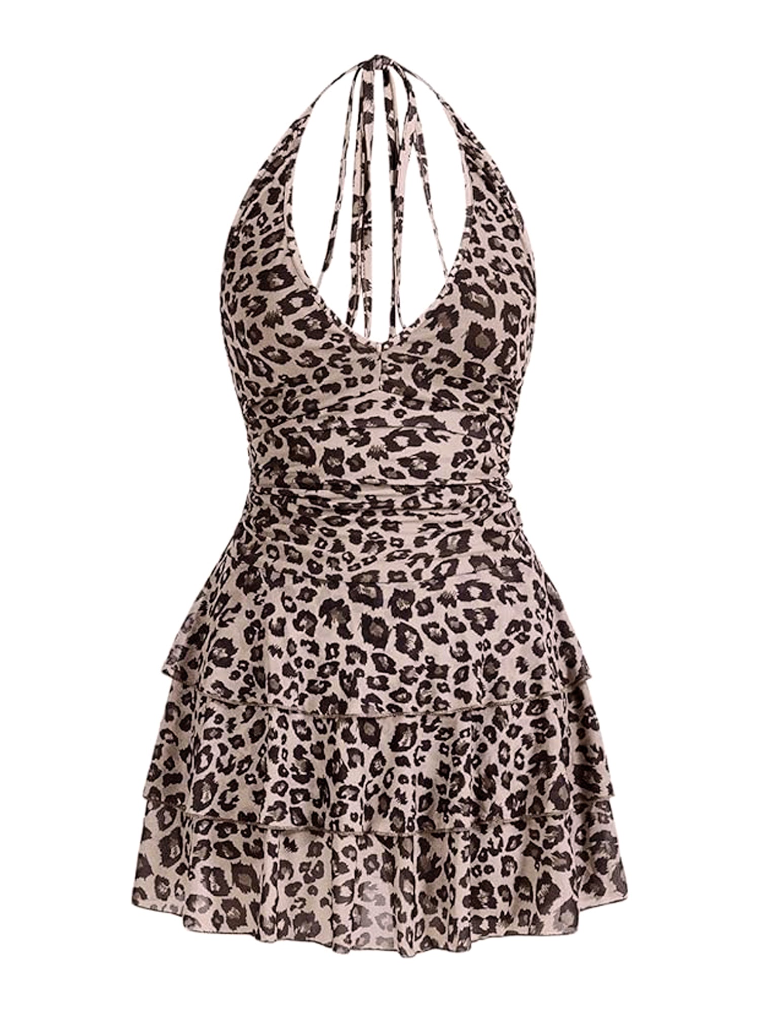Sleeveless Halter Leopard Mini Tiered Dress
