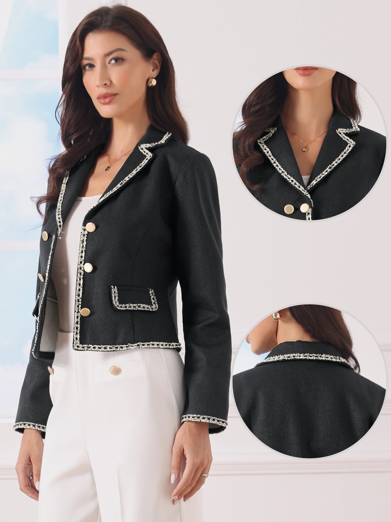 Notched Lapel Long Sleeve Dressy Casual Tweed Jacket