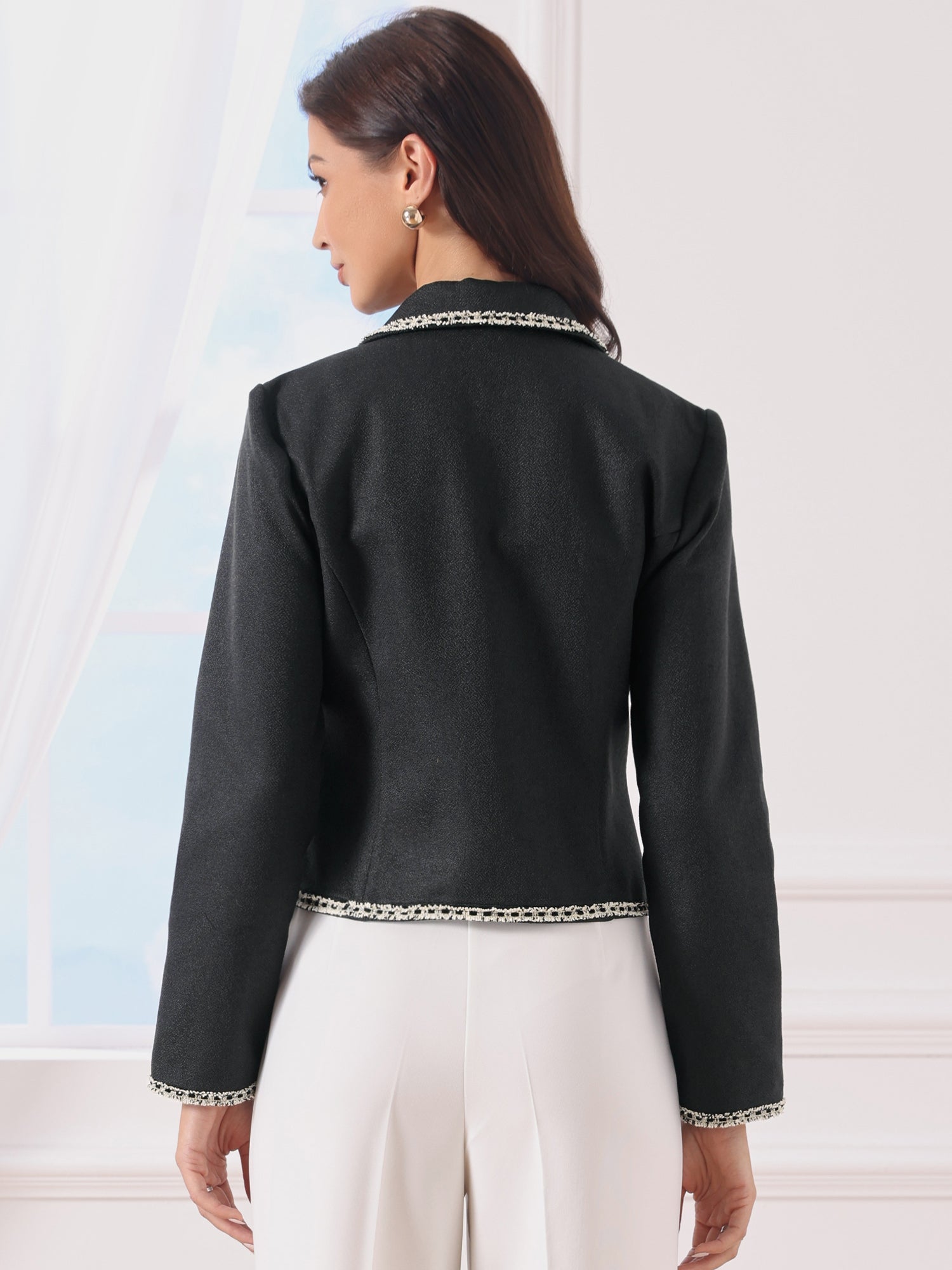 Notched Lapel Long Sleeve Dressy Casual Tweed Jacket
